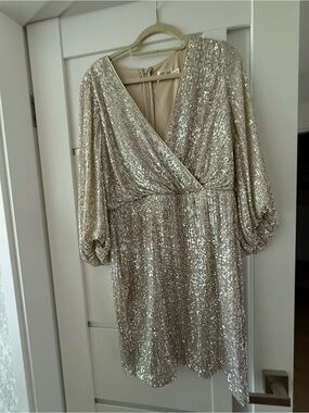 Eliza J Champagne Sequin Wrap Dress with Balloon Sleeves